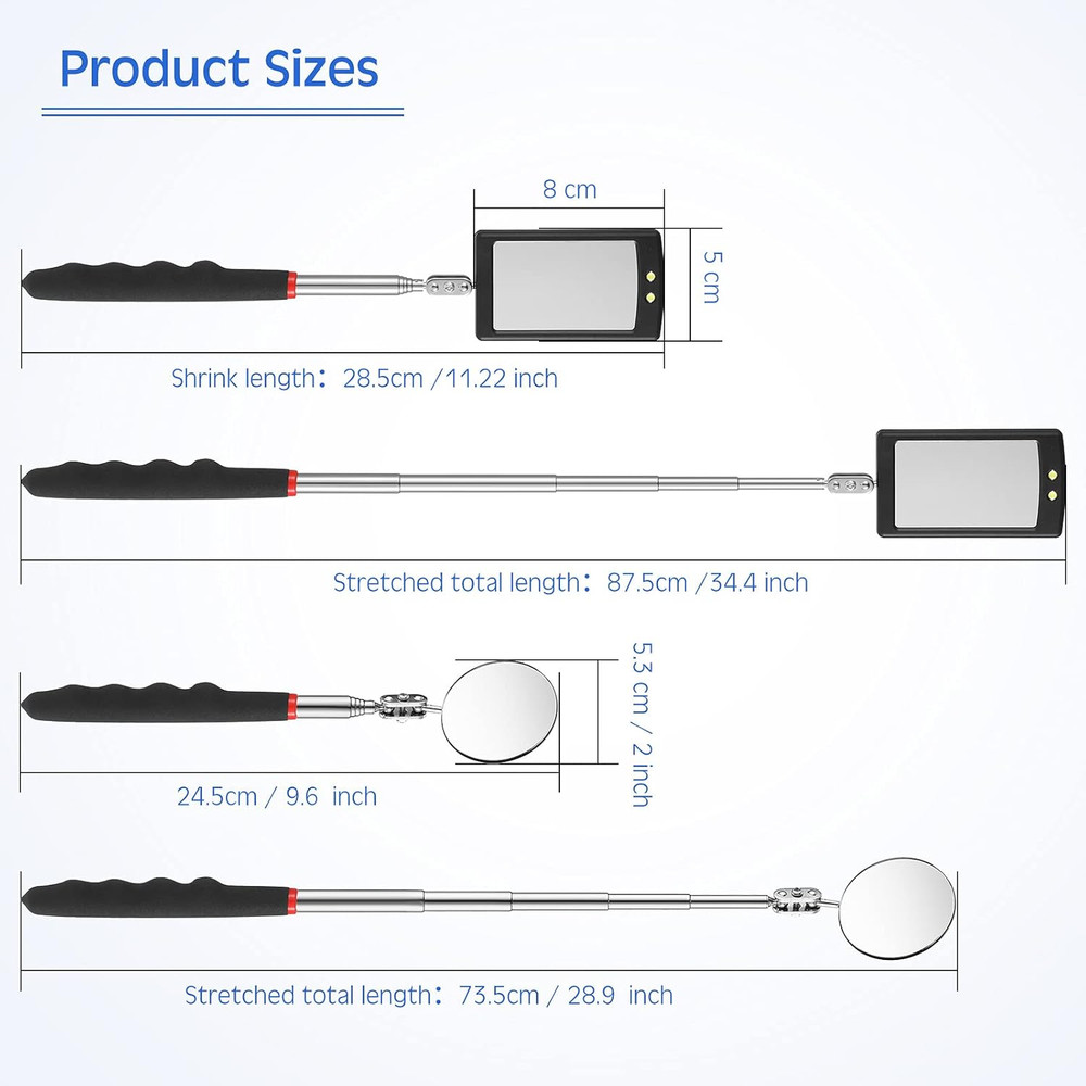 2 Pieces Lighted Telescoping Inspection Mirror Flexible Retractable...