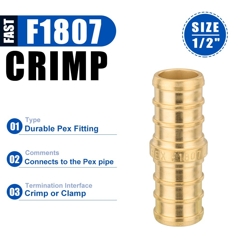 100 Pro Pack EFIELD 1/2" Pex Straight Coupling Brass Crimp Fitting, Lead Free