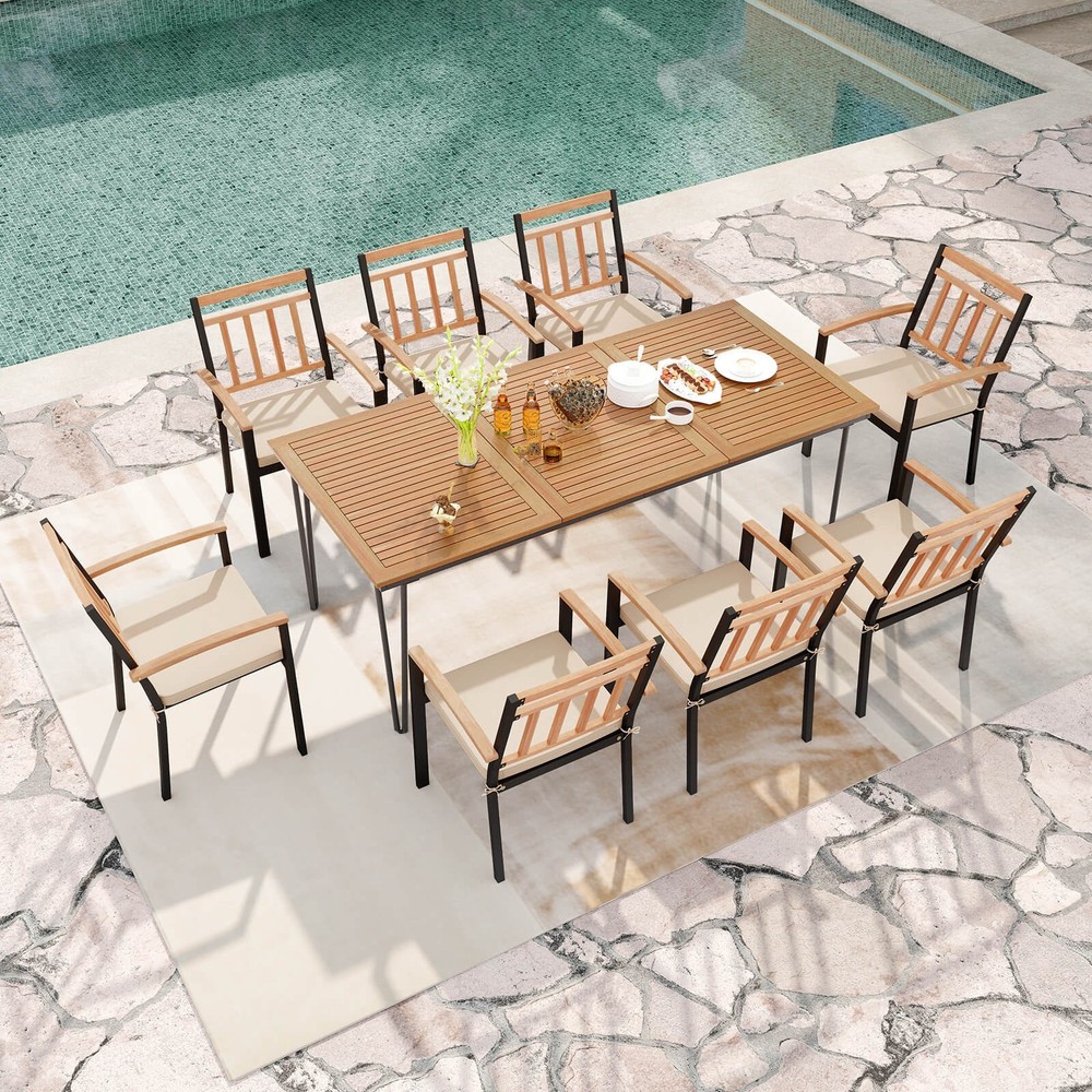 9 PCS Patio Dining Set w/Rectangular Acacia Wood Dining Table 8 Cushioned Chairs