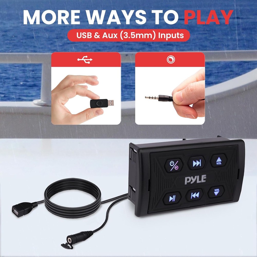 Pyle Marine Bluetooth Controller w/Mic, 2x 8'' 320W Boat Speakers (White) w/Wire