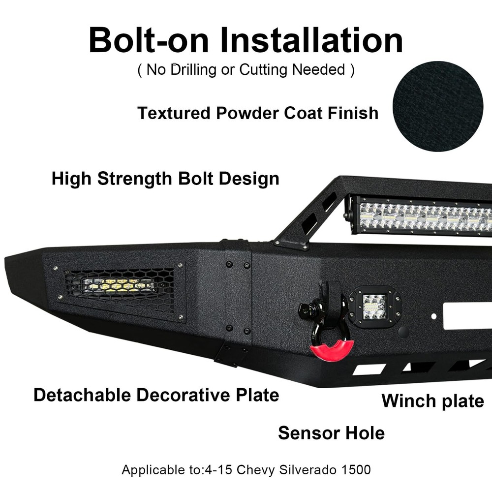Front Bumper for 2014-15 Silverado 1500 Winch Plate Sensor Hole D-Ring LED