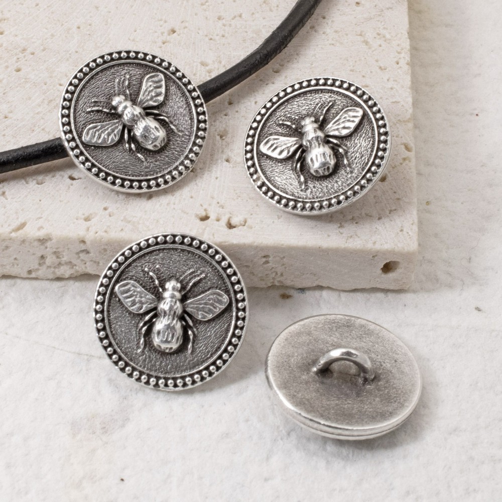 Silver Bee Buttons: TierraCast Antique Silver Leather Cord Clasp Boho 4-Pack