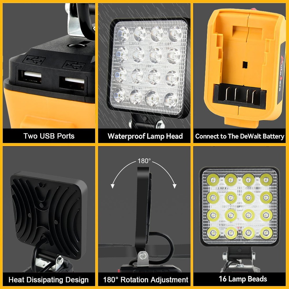 For Dewalt 20V Battery LED Work Light Cordless Workshop Torch Workshop Dual USB