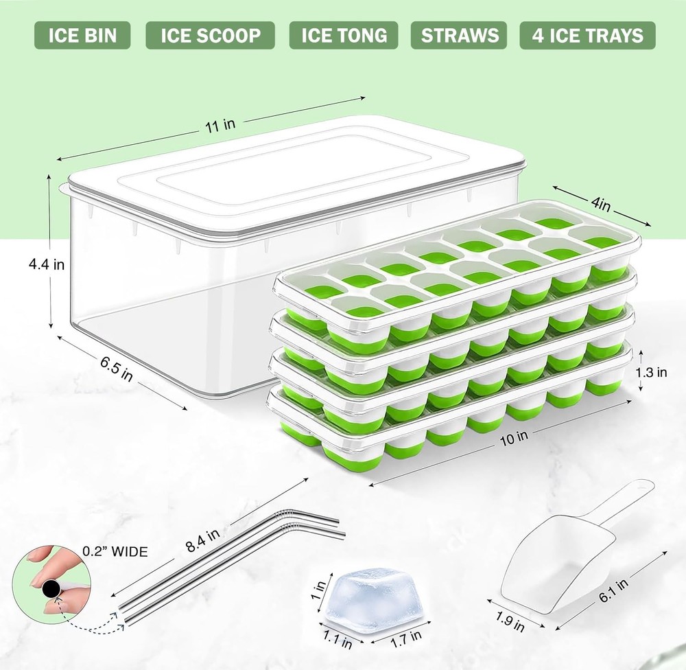56pcs Ice Cube Tray with Lid and Bin – Stackable 4 Trays Silicone Plastic Fre...