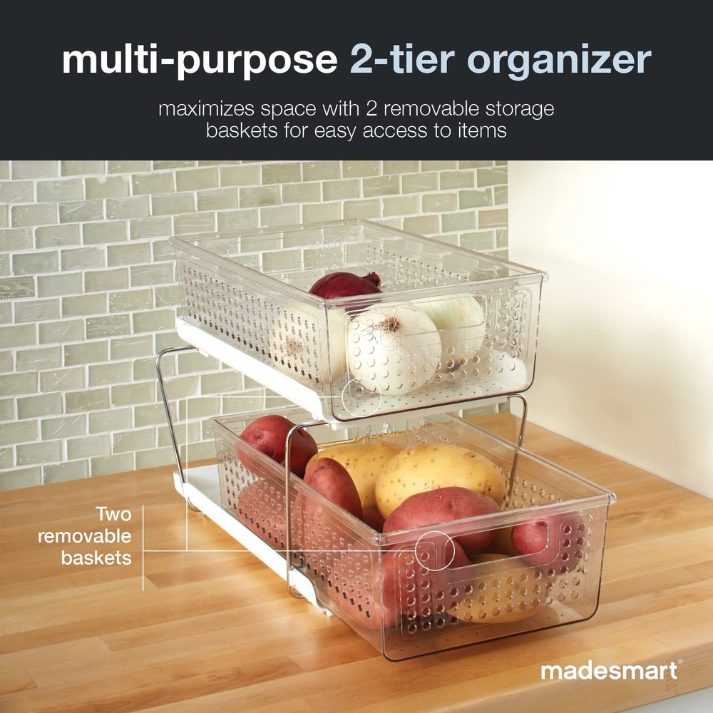 madesmart 2 Tier Organizer, Under Cabinet Storage with Pull Out 1-Pack, Clear