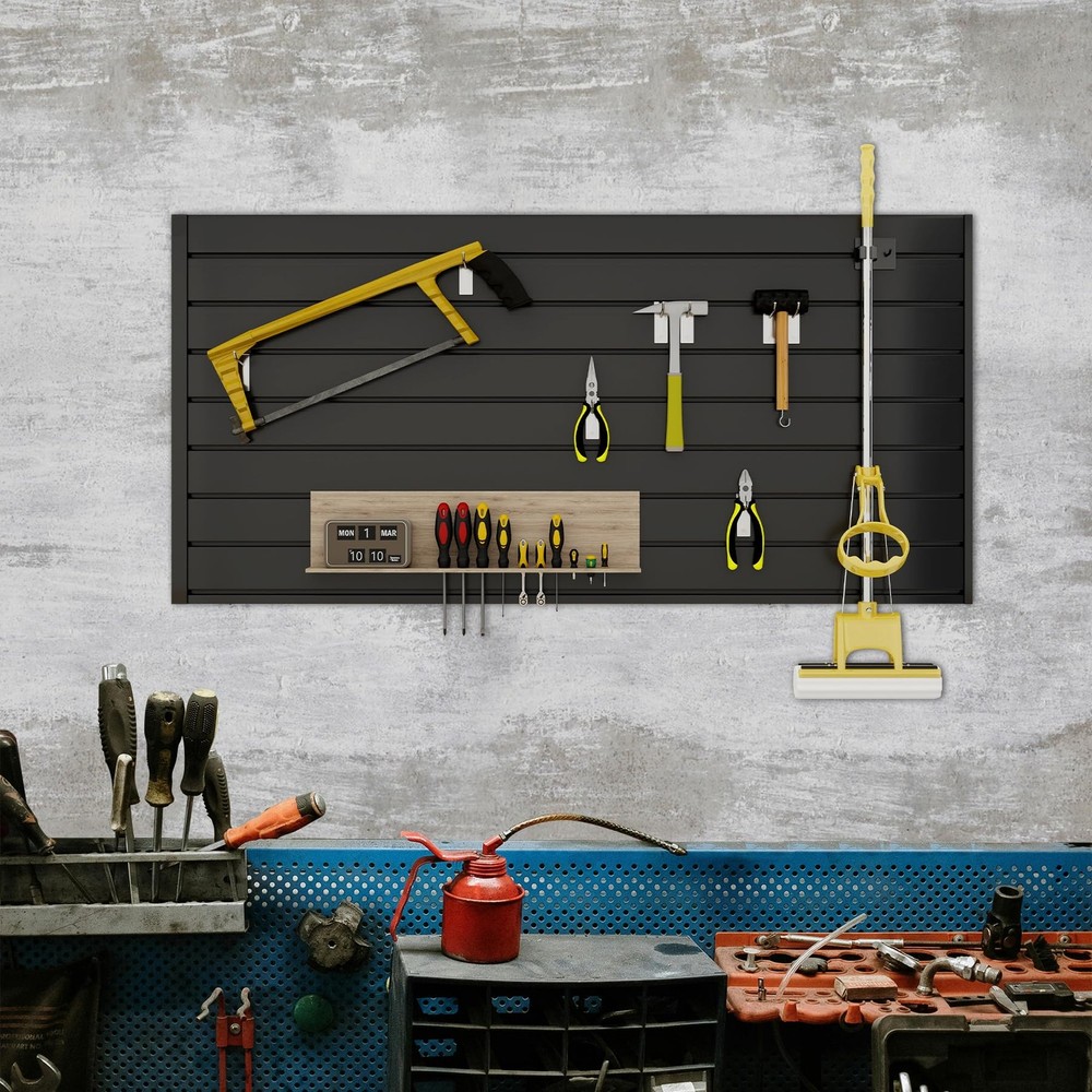4FT x 2FT Black PVC Slatwall Panel, Modern Wall-Mounted Garage Storage System...