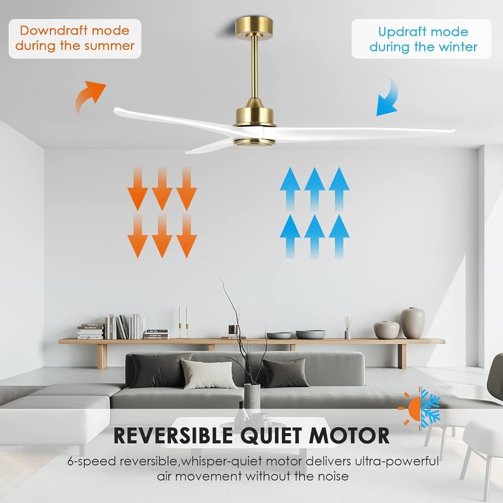 60 Inch DC Ceiling Fan without Lights, 3 Reversible Carved Solid Wood Blades,
