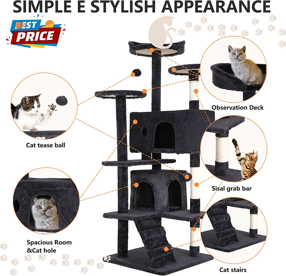 54" Cat Tree Tower | Dark Gray | Sturdy, Easy to Assemble, Multi-Level Activity
