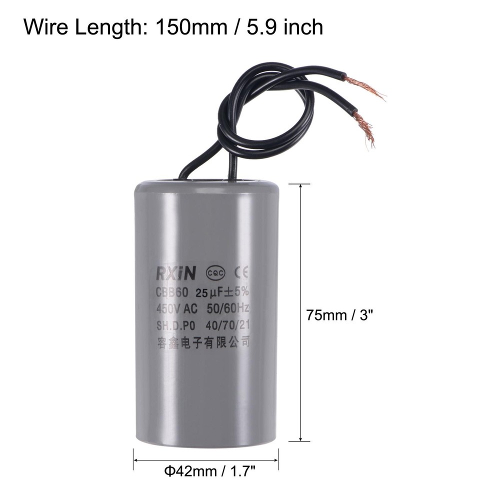 CBB60 Wired Capacitor Start Run Motor Generator Compressor 25uF 450V 50/60Hz