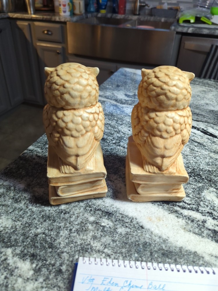 VTG MCM Chalkware Owl Bookends Sitting on KNOWLEDGE Books