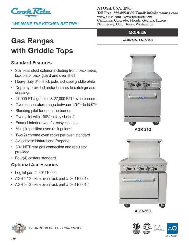 Atosa AGR-36G-LP 36″ GRIDDLE Range OVEN PROPANE