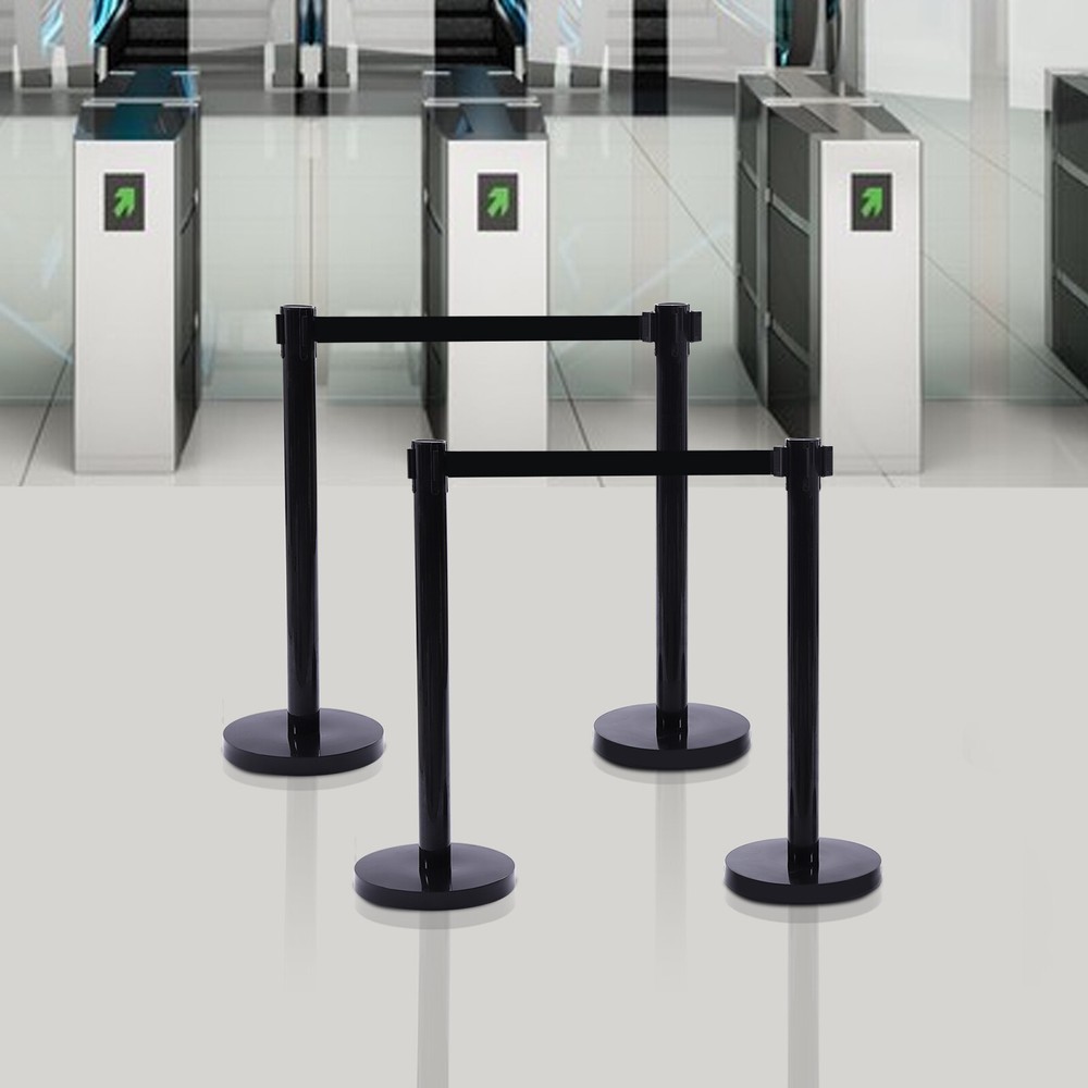 4pcs Stanchion Post Crowd Control 2 Retractable Belts, With Rubber Ring Base