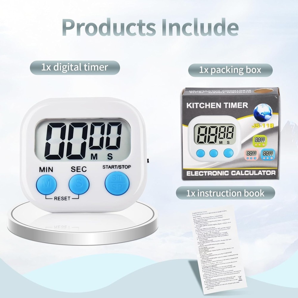 4 Pack White Digital Kitchen Timer Magnetic Digital Timer with Big Display Lo...