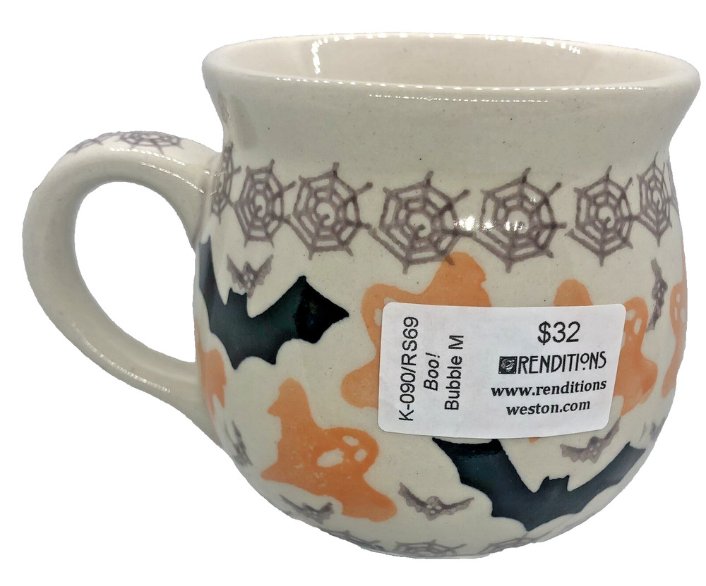 Polish Pottery Medium Bubble Mug Coffee Tea Pattern BOO Ghosts Bats Spiders
