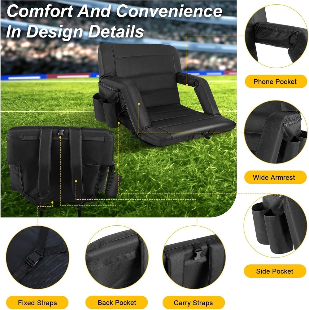 Extra Wide Stadium Seats with Back Support 2 Wide|25|2 Pack, Black