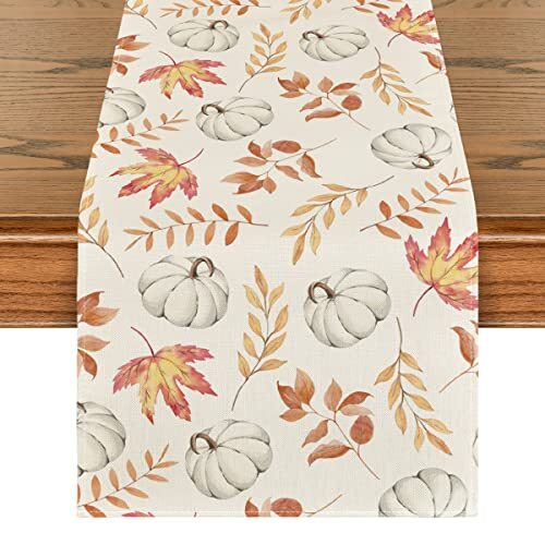 Pumpkins Fall Maple Leaves Fall Table Runner, 13" x 72", Table Runner Orange