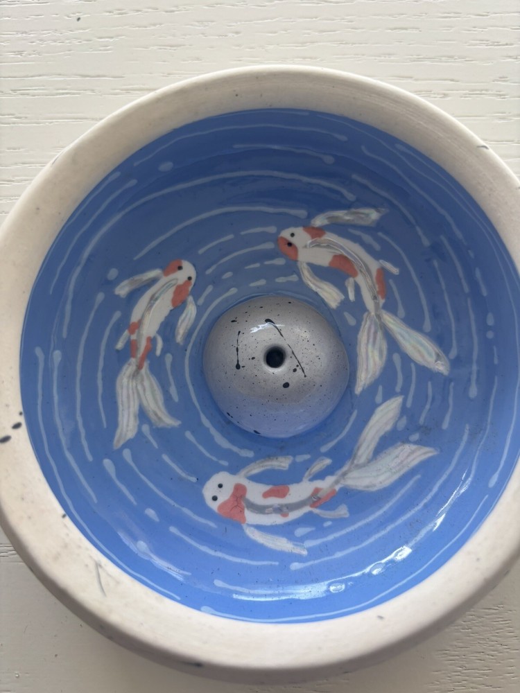 Handmade Koi Fish Incense Holder Ceramic Multicolor Hand Round Artisan Pottery