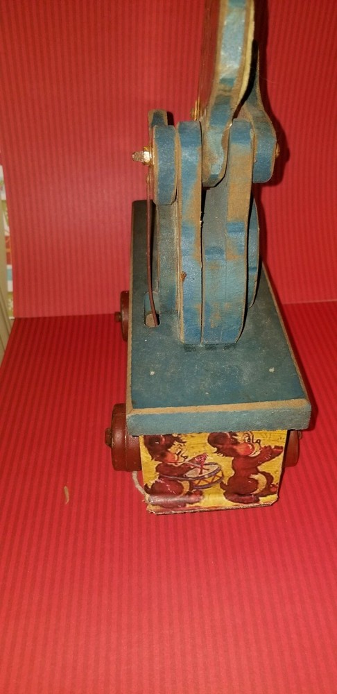 VINTAGE BEAR PLAYING FLUTE MECHANICAL PULL TOY WOOD LITHOGRAPH