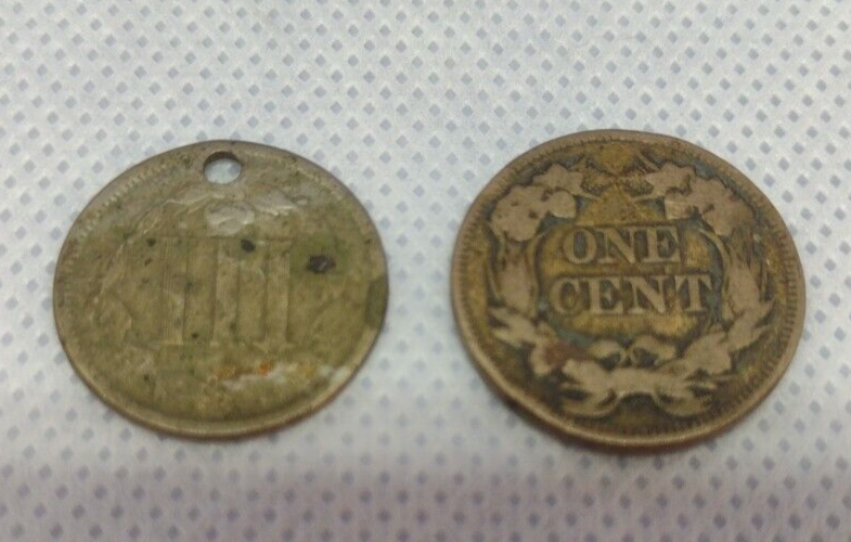 1865 & 1869 Two Cent, 1857 One Cent, 1866 Three Cent, No Date Lg Cent (B120)