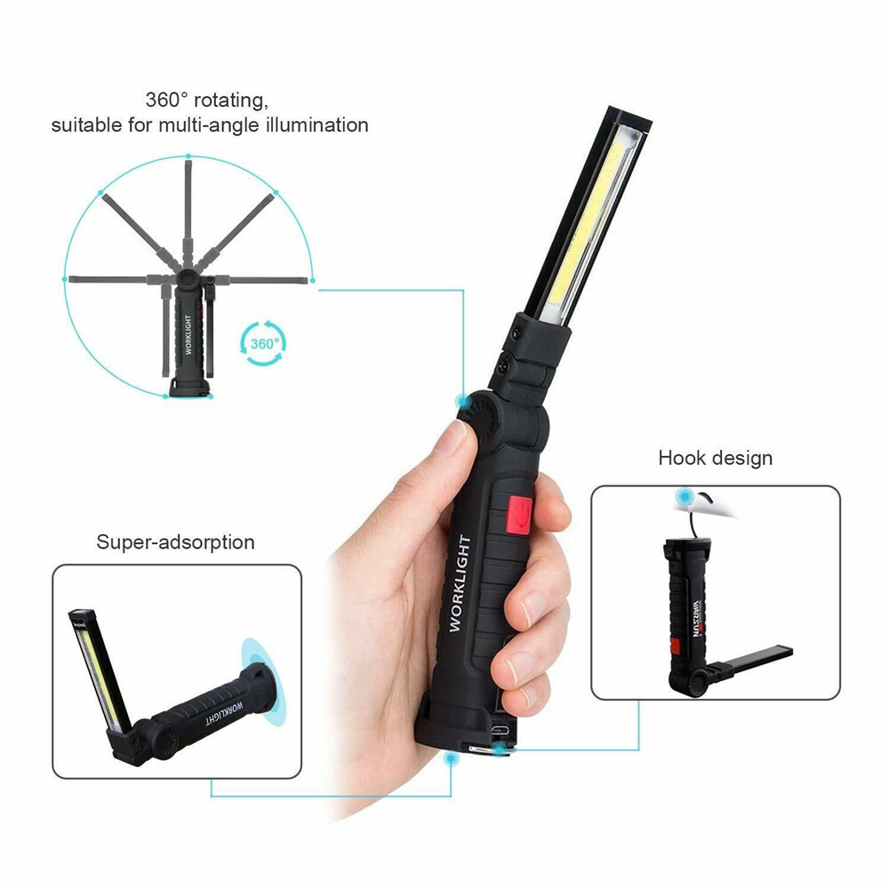 2 Super Bright USB Rechargeable COB LED Work Light Flashlight Folding Torch Lamp