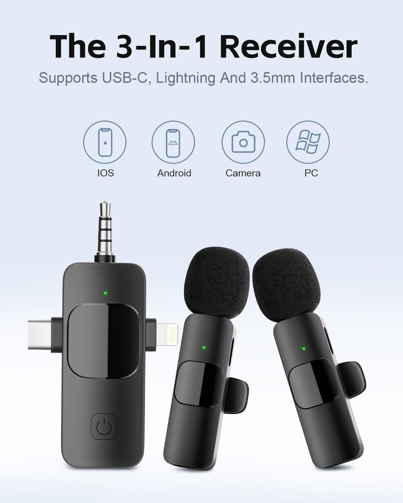 3-in-1 Wireless Lavalier Microphone for iPhone&Android,mini Microphone for Ca...