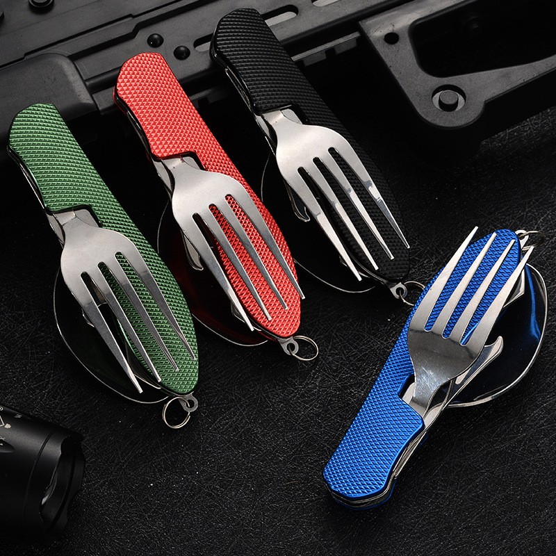 4 in1 Foldable Camping Utensil Set Multi-Functional ForkSpoon Bottle Open