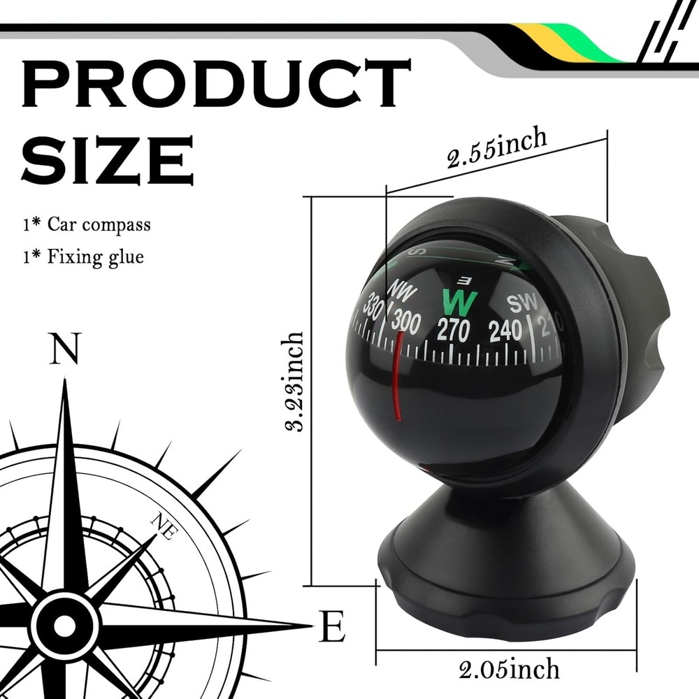 Adjustable Night Vision Car Compass Ball with Bottom Stick for Navigation