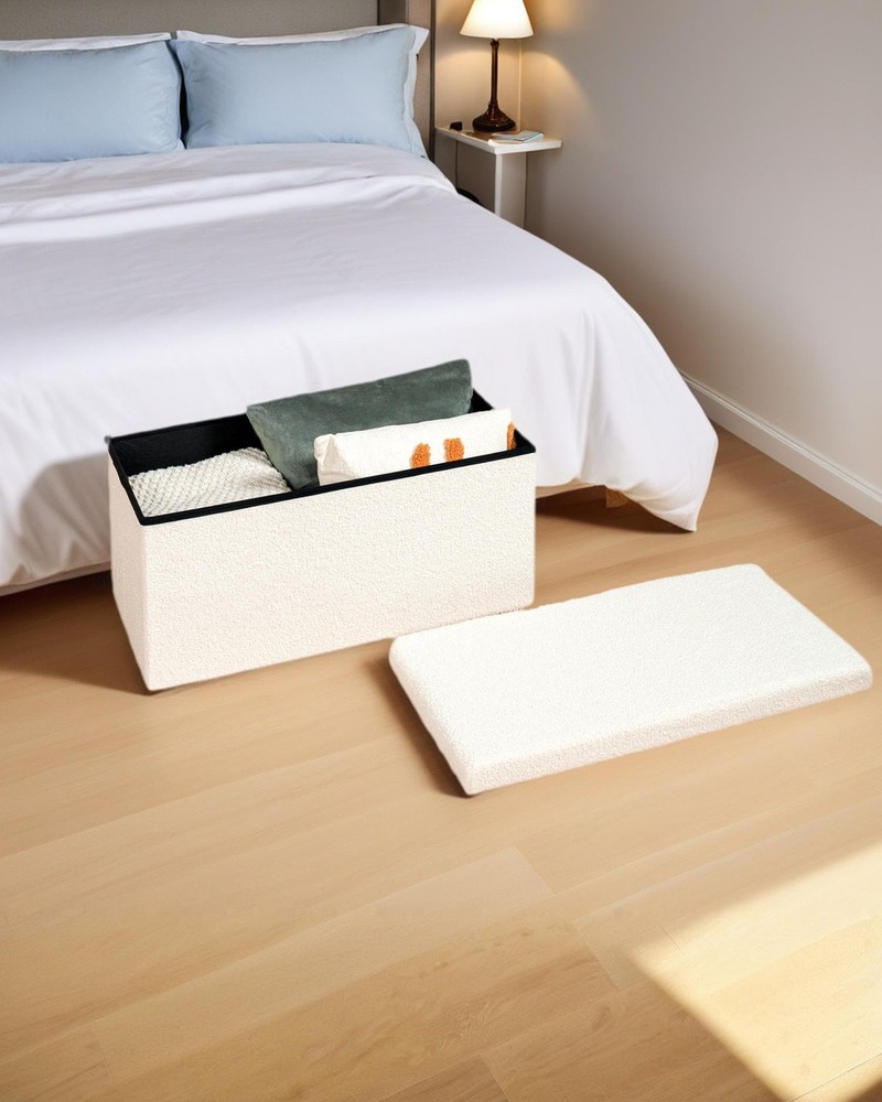 30 Inch Storage Ottoman Bench, Boucle Folding Ottoman Footstool, Rectangular ...