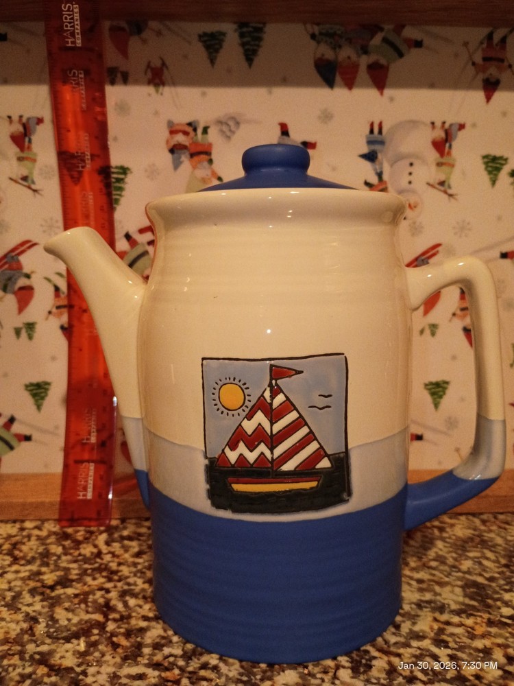 CERAMIC NAUTICAL COFFEE POT 7" blue