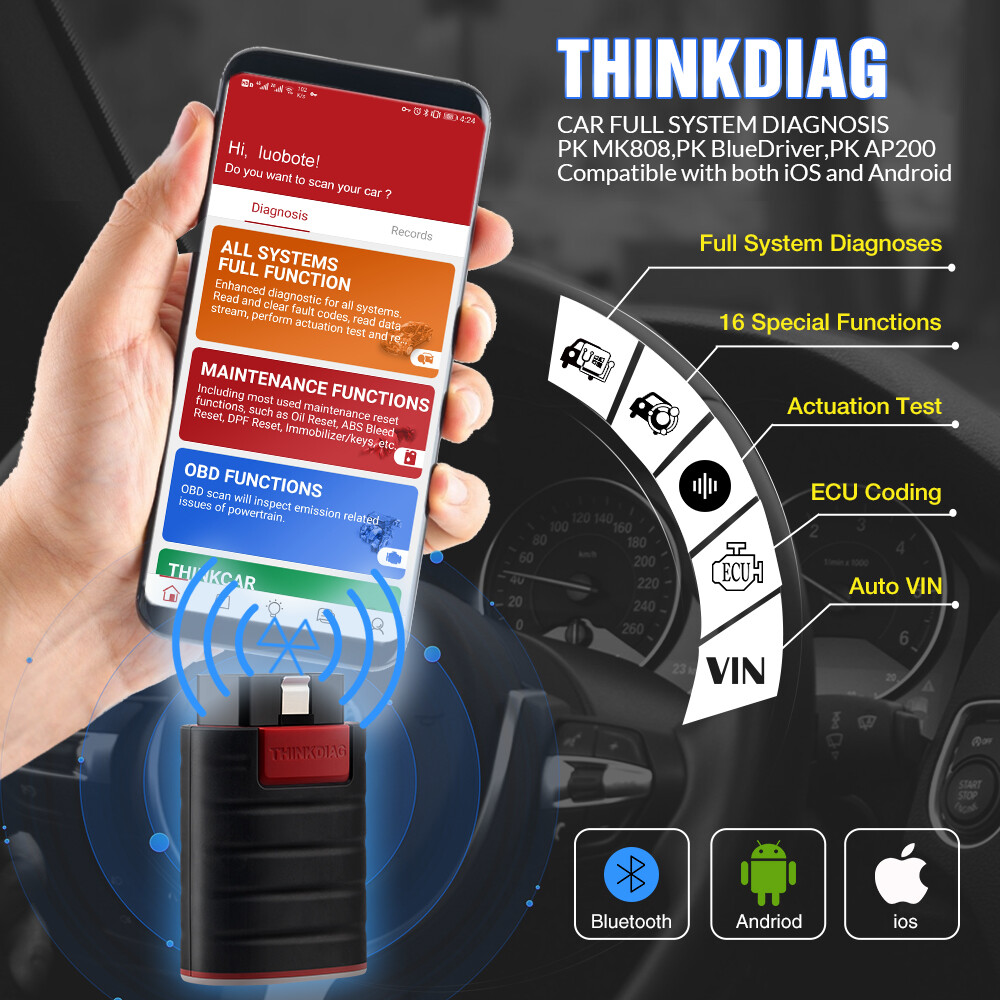 THINKDIAG Bluetooth Car OBD2 Scanner Diagnostic Scan Tool for iPhone & Android