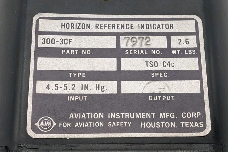 Aviation Instrument Mfg. Corp. Horizon Reference Indicator P/N: 300-3CF
