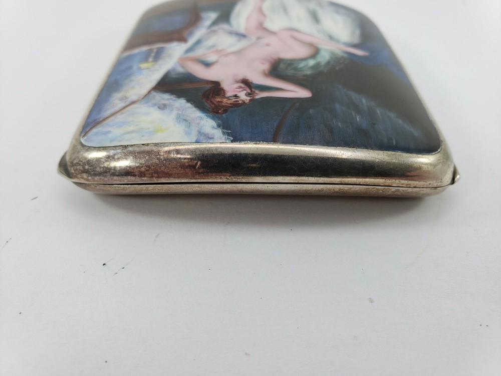 Vintage Silver Plated Hand Painted Nude Enamel Cigarette Case