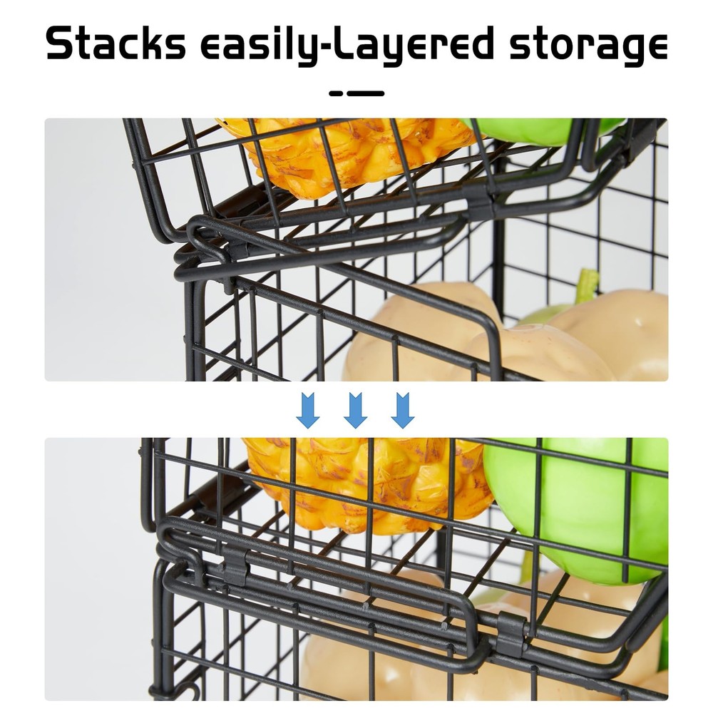 3-Tier Stackable Wire Baskets for Counter, Fruit and Vegetable Storage, Potat...