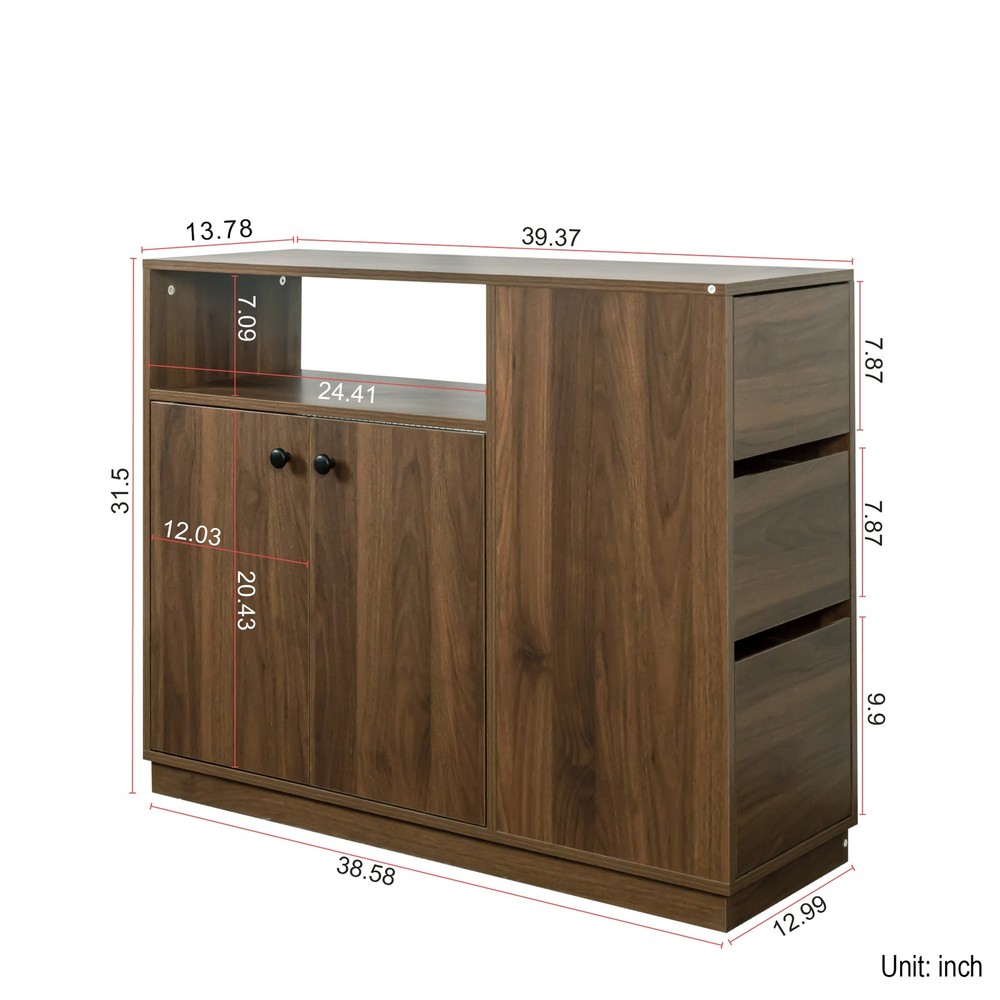 Small Kitchen Sideboard with Glass Sliding Doors, 3 Drawers & Display Shelf