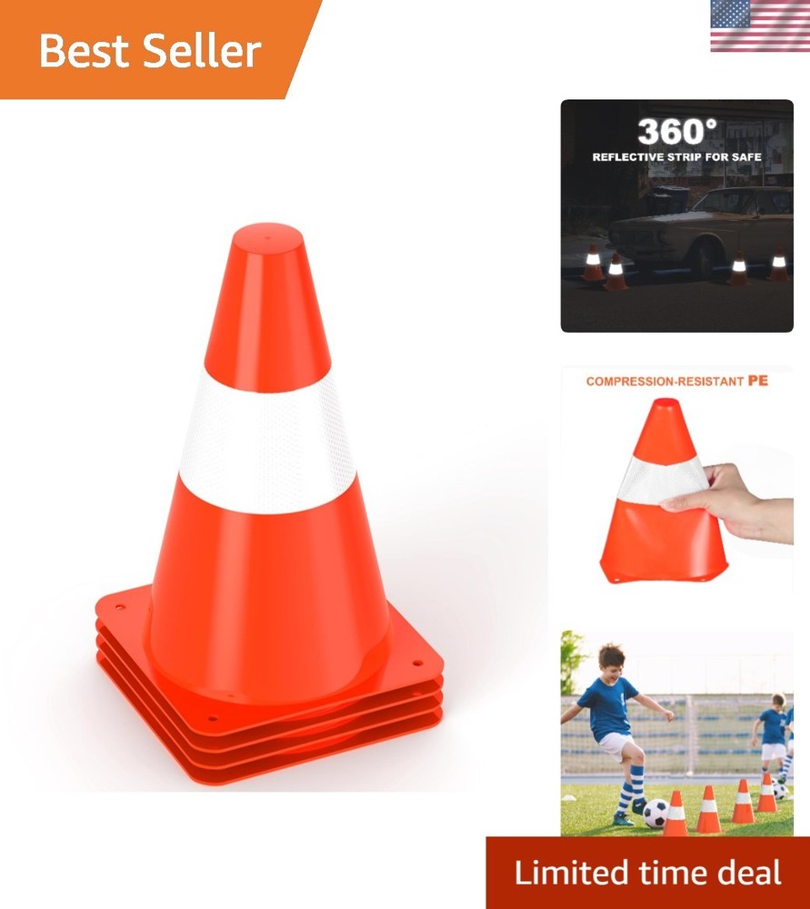 Durable 9-Inch Stackable Traffic Cones with Reflective Strips - 4 Pack Orange