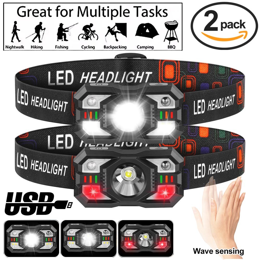 2X Strong Camping Light LED Headlamp USB Rechargeable Wave Sensor Head Torch