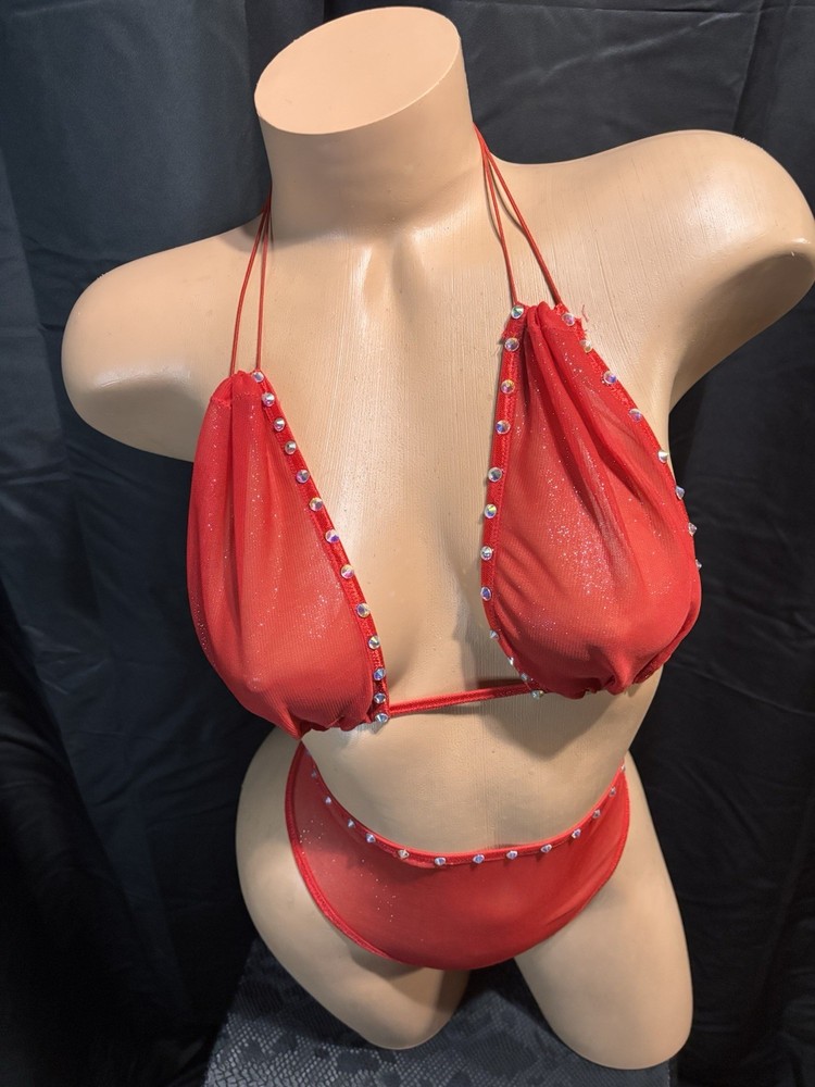 Red Mesh Two Piece Sheer Set With Crystal Stone Embellishing
