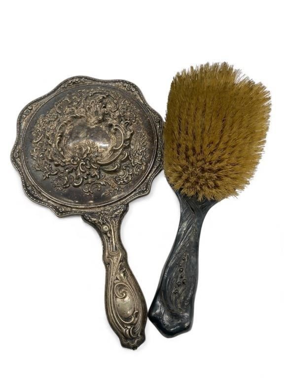 Antique Victorian silver vanity mirror and comb
