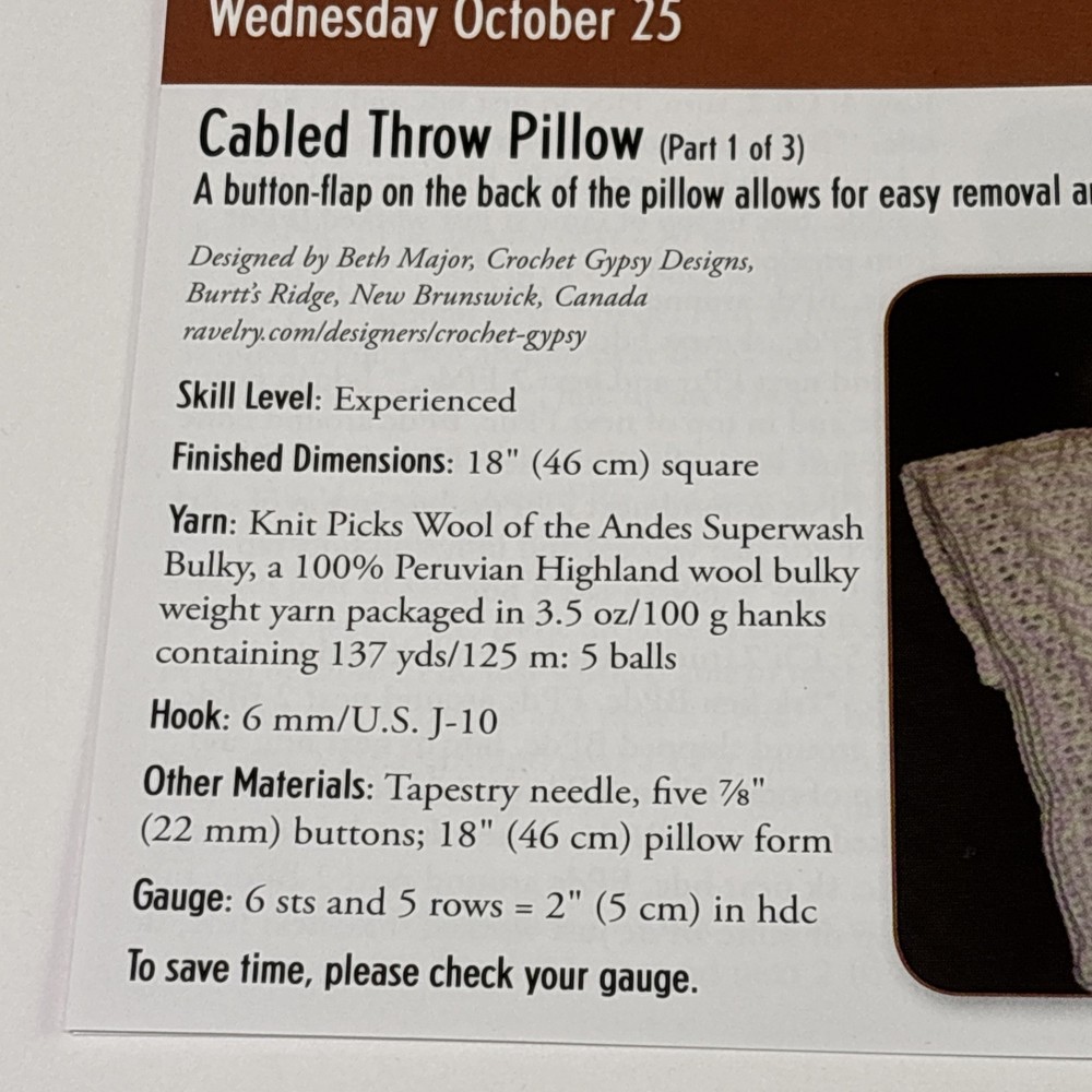 Cabled Throw Pillow Crochet Pattern Cards Pages