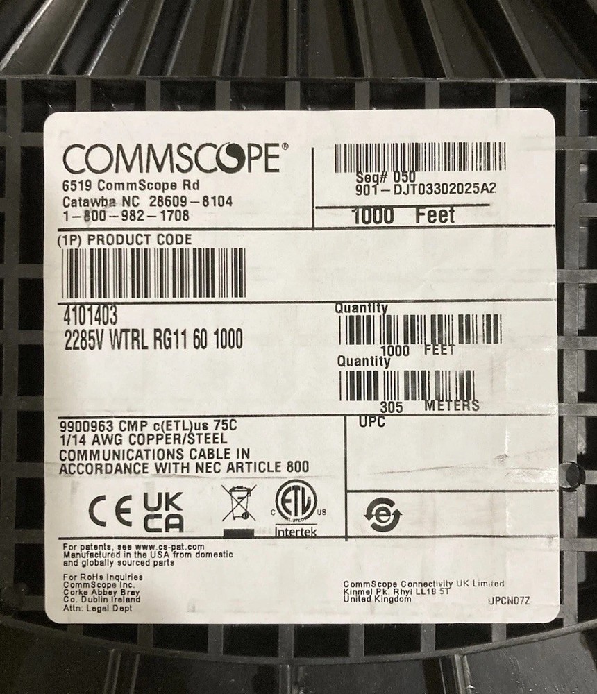 472’ Roll.  Commscope 2285V WTRL RG 11 Cable.  CMP.  PLENUM.  See description.