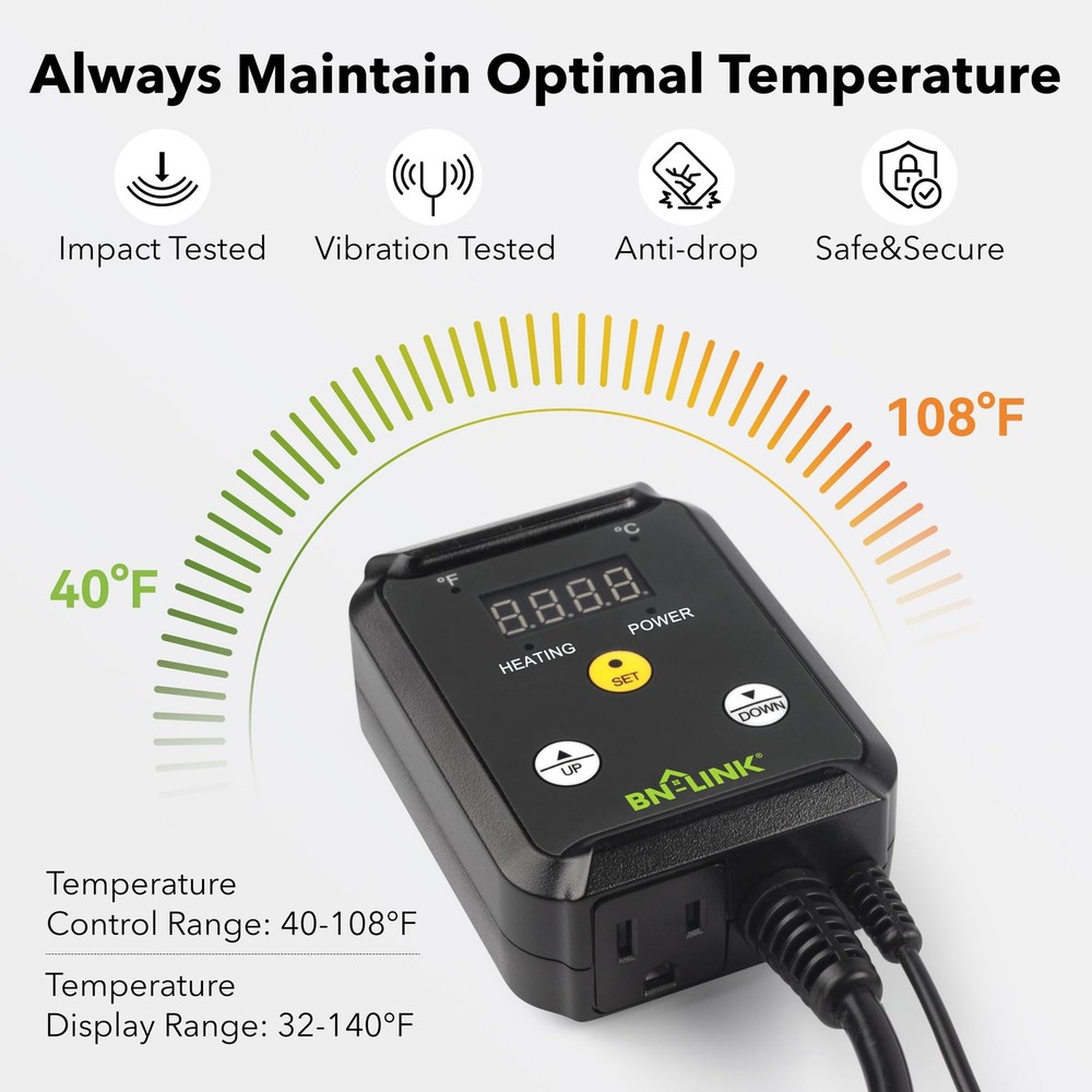 BN-LINK Reptile Thermostat Temperature Controller, Only, Black