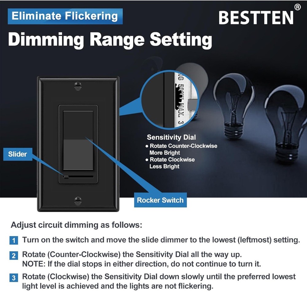 [10 Pack] BESTTEN Dimmer Wall Light Switch, Compatible with Dimmable LED, CFL...