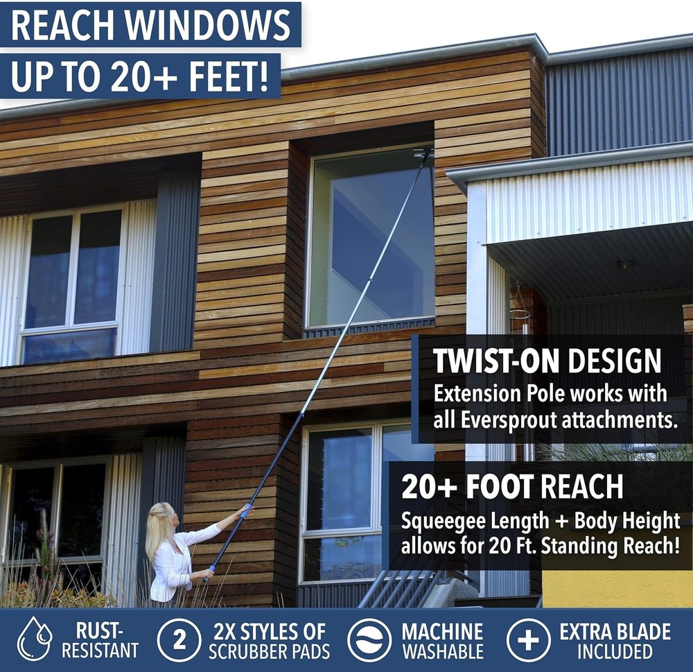 Extendable Window Scrubber & Squeegee Kit, 13ft , 7 Angles, Reusable Microfiber