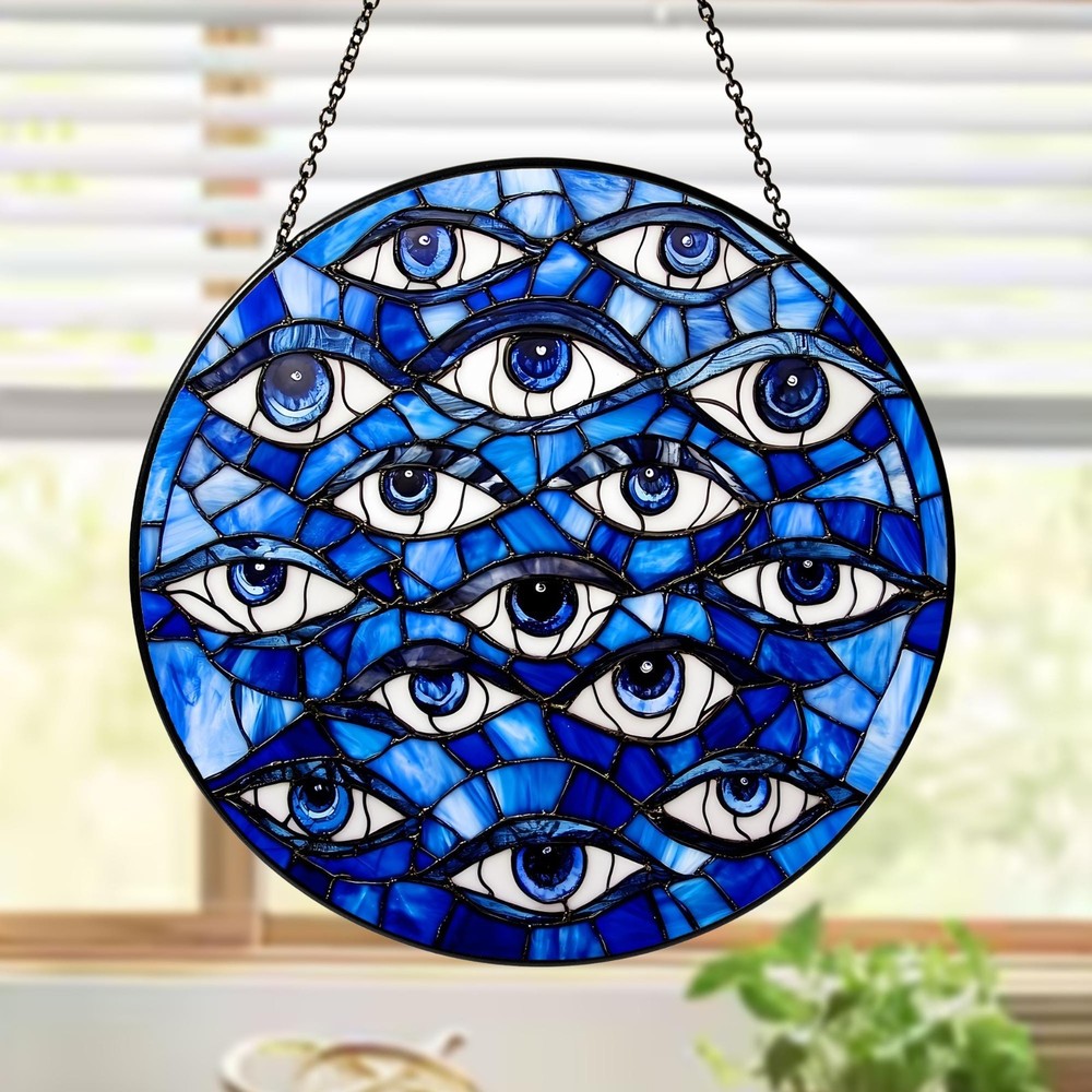 Evil Eye Stained Glass Suncatcher – Blue Round Hanging Window Panel Decor