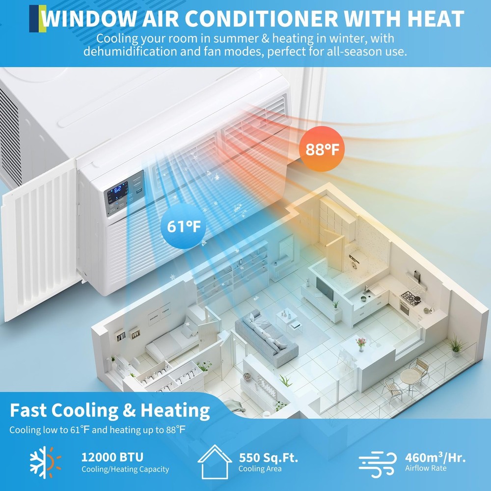 12000 BTU Window Air Conditioner with WiFi Remote & App Control & Timer Function