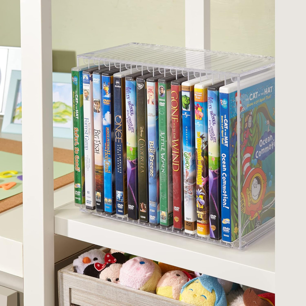 Stackable Clear Plastic DVD Organizer with Rubber Feet | Rectangular Holder Perf