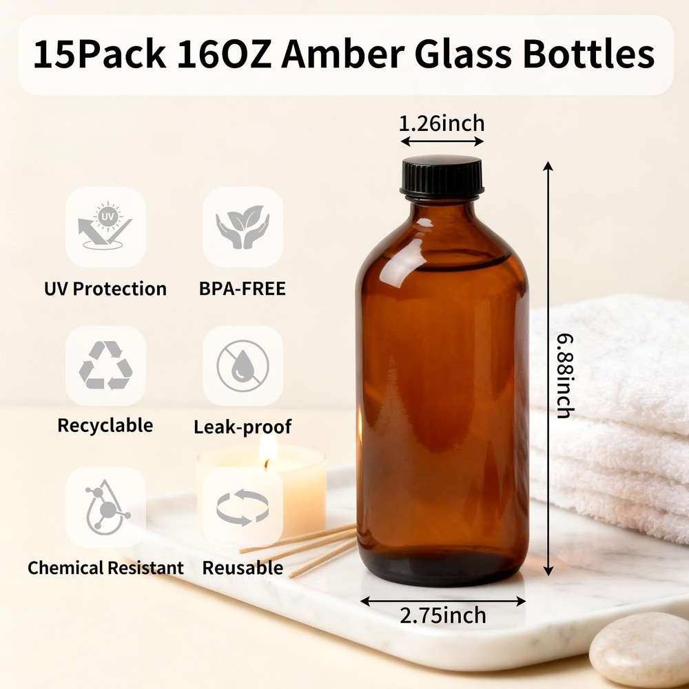 15 Pack 16 oz Amber Glass Boston Round Bottles with Phenolic Polycone Caps – ...