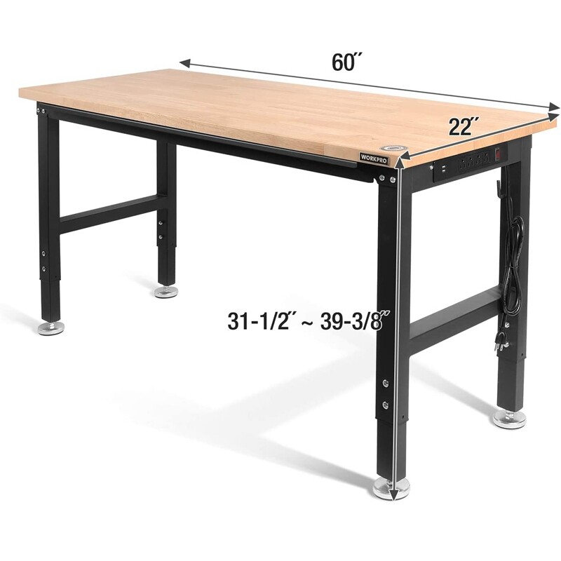 WORKPRO 60" Adjustable Workbench Rubber Wood Top Heavy-Duty Workstation 2000 Lbs