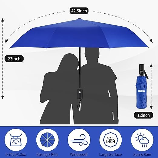 Strong Windproof Stick Compact Umbrella for Rain, One-Click Automatic Open and C