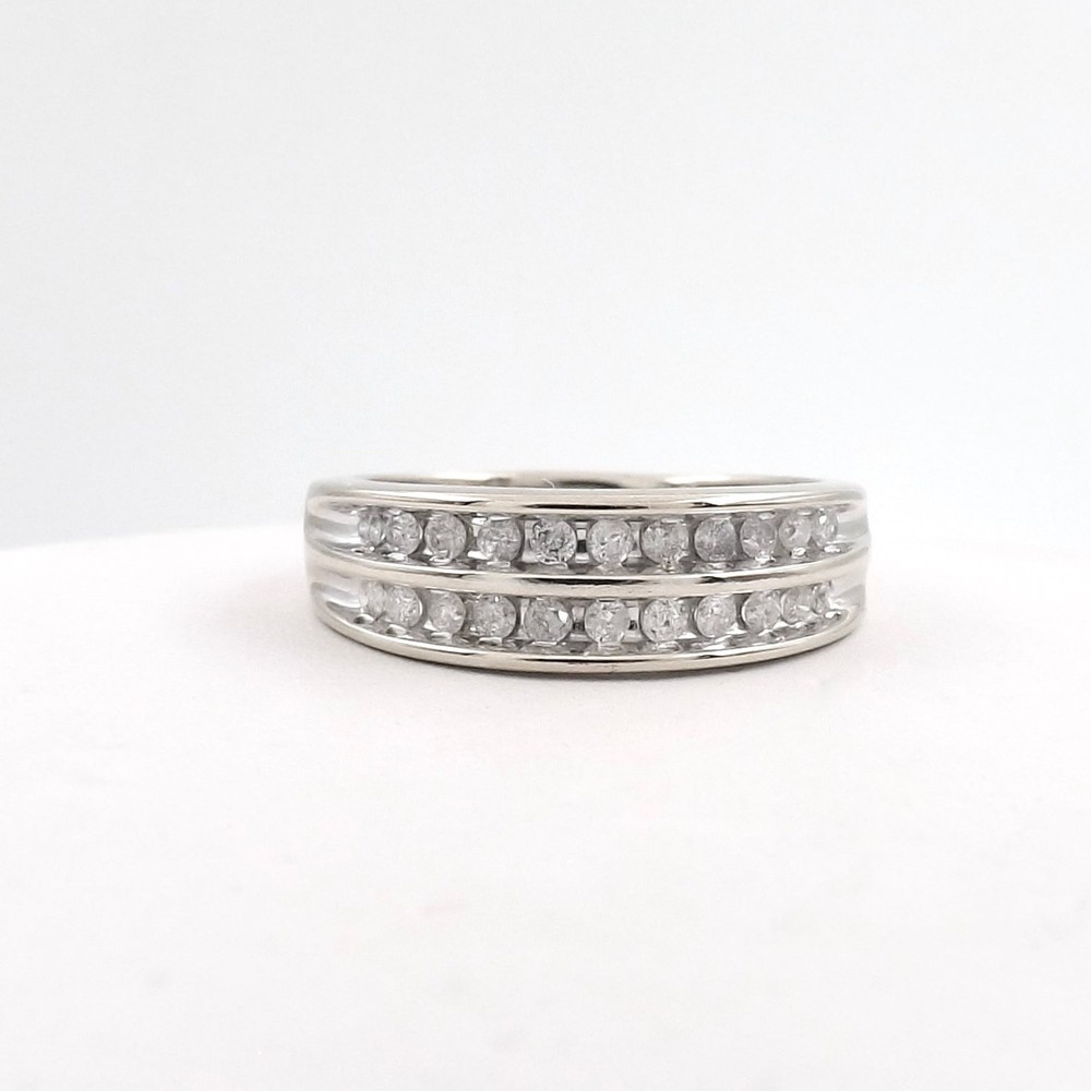 Solid 14k White Gold Double Row Natural Diamond Wedding Ring Channel Setting